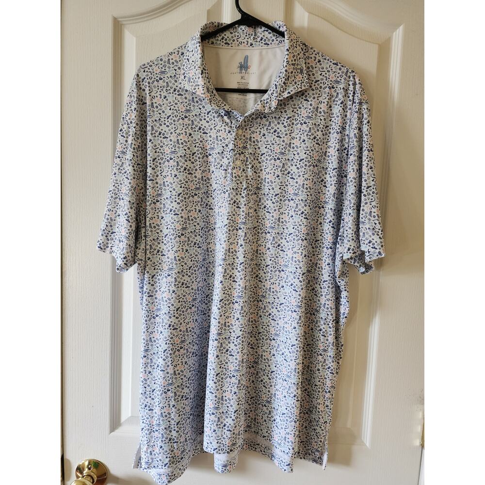 Johnnie-O Viva Las J-O Polo Shirt XL Vegas Novelty Micro Print White Blue Golf